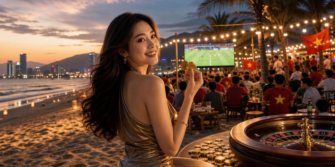 Khung cảnh bãi biển Đà Nẵng trong buổi tối với ánh sáng hấp dẫn